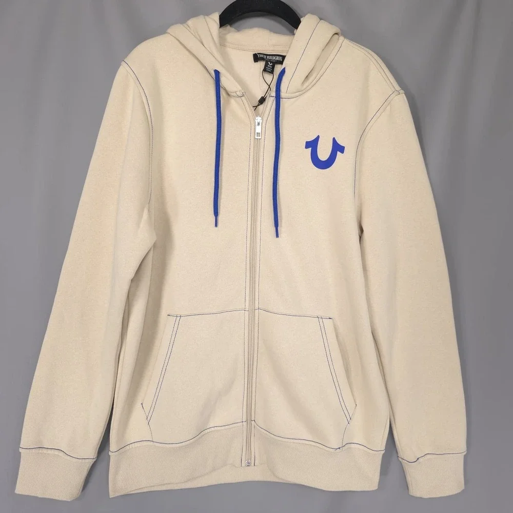 TRUE RELIGION Men's New MEDIUM Full Zip Hoodie Fog Beige Buddha Guitar 701400